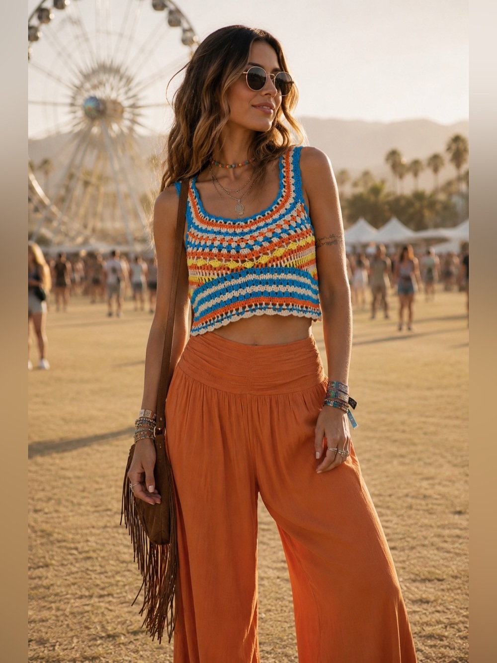 En Creme Boho Striped Crochet Crop Top - Blue & Orange Festival Tank - Size L